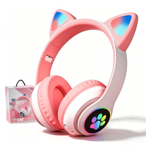 Cat Ear Bluetooth Headphones for Kids & Adults, Wireless Foldable & Wired Multi-Function LED Light Up Over Ear Headphones with Mic and Volume Control for iPhone/iPad/Laptop/PC (White 2) - color: white 2