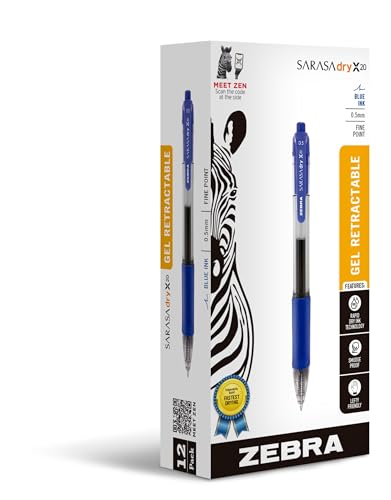 Zebra Pen Sarasa Dry X20 Retractable Gel Pens, 0.7mm Medium Point, Blue Ink with Rapid Fast Dry Ink Technology, Ideal for the Left-Handed, Eliminates Smudging and Smearing in Seconds, 12-Pack (46820) - color: Blue A