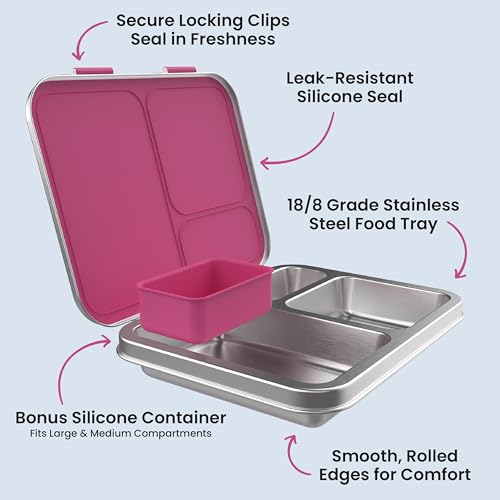 Bentgo Kids Stainless Steel Leak-Resistant Lunch Box - 3-Compartments with Bonus Silicone Container, Durable, Eco-Friendly, Dishwasher Safe, BPA-Free, Ideal for School, Ages 3+ (Fuchsia) - color: Fuchsia