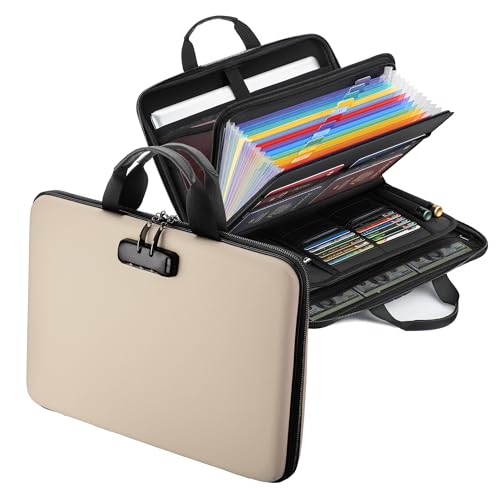 Fireproof Document Box with Lock, Hard-Shell Case Fireproof File Organizer with 13 Pocket Accordion File Folder, Portable Home Office Travel Safe Storage for Important Documents Laptop - color: Beige