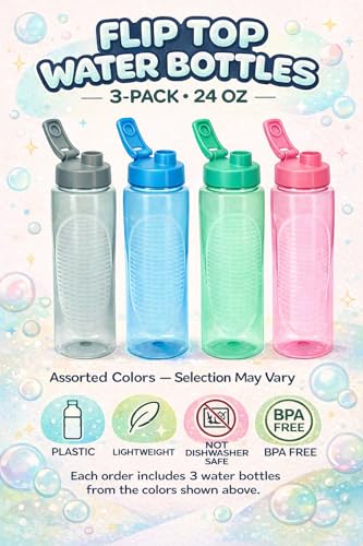 Plastic Water Bottles 24 oz 3 Pack Colors May Vary Flip Top BPA Free Reusable Sports Water Bottles for Gym Workout School Travel Daily Hydration