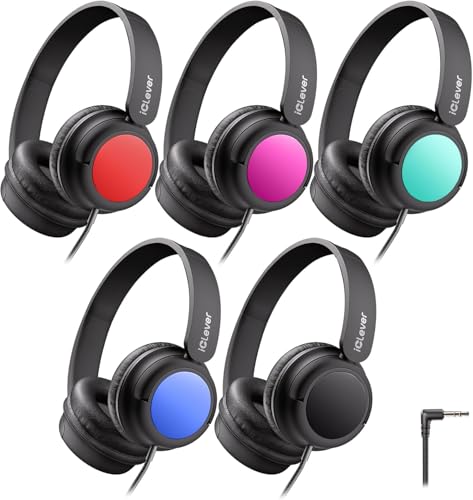 iClever Kids Headphones Bulk 5 Pack for Students K-12 & Teachers, Durable PP Material, 85dBA Safe Volume, Multiple Folding Options, Kids Wired Headphones for School/Classroom/Home/Travel
