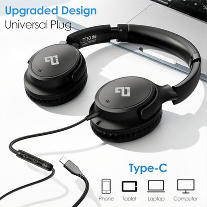 INFURTURE USB C Kids Headphone for School with Microphone | Foldable Lightweight Headphones, Wired Headphones, NO Charging Required Wired School Headphones for Teens for iPad, Laptop - color: Classic Black