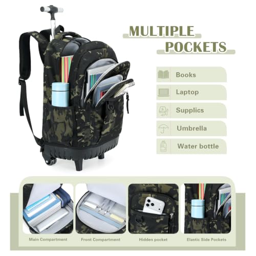 DIGOBAY Rolling Backpack for Boys, Cool Boys Backpack with Wheels, Kids Wheeled backpacks Set with Lunch Bag Pencil Case for Teen Boy, Roller School Bag with Wheels for Elementary Middle School - color: Black and Green Camo