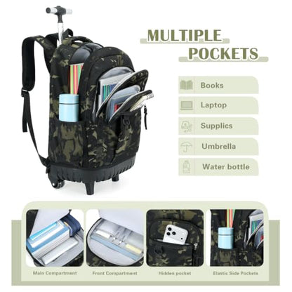 DIGOBAY Rolling Backpack for Boys, Cool Boys Backpack with Wheels, Kids Wheeled backpacks Set with Lunch Bag Pencil Case for Teen Boy, Roller School Bag with Wheels for Elementary Middle School - color: Black and Green Camo