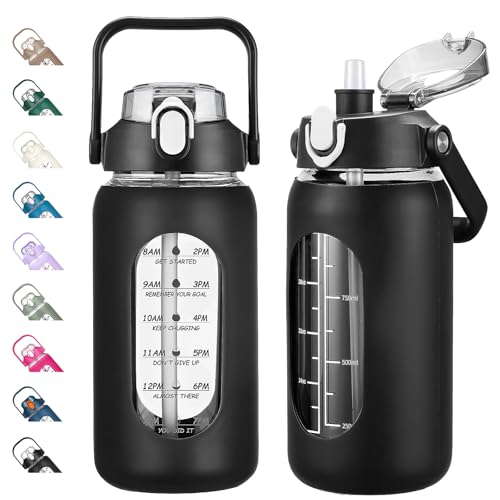 42oz Glass Water Bottles with Straw, Motivational Glass Bottle with Silicone Sleeve and Time Marker, Leakproof Large Glass Water Jug for Gym Home Office,Black - color: Black, size: 42 Ounces