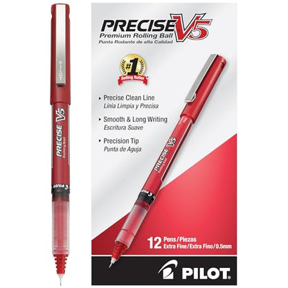 Pilot Precise V5 Stick Liquid Ink Rolling Ball Stick Pens, Extra Fine Point (0.5mm) Red Ink Pens, 12-Pack - color: Red, size: 12 Count (Pack of 1)