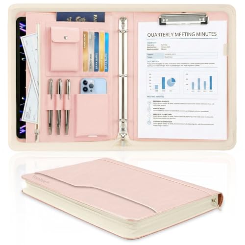 Zippered Padfolio with 3-Ring Binder & Clipboard, PU Leather Portfolio Organizer for Men Women, A4 Document Holder with Phone Pocket Pen Loops Card Slots, Professional Business Folder Rose Gold