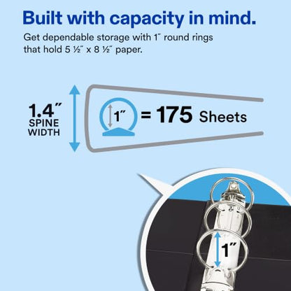 Avery Mini 3 Ring Binder, Holds 5.5" x 8.5" Paper, 1" Round Rings, 175-Sheet Capacity, 1.4 Inch Wide Spine, Label Holder, Black Binders (6-Pack of 27257)