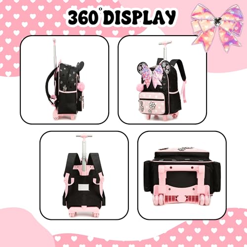 Meetbelify Backpack with Wheels for Girls Rolling Backpack Cute Carry on Backpack Kids Luggage with Lunch Box Pencil Case for Elementary Student - color: Bowknot Pink