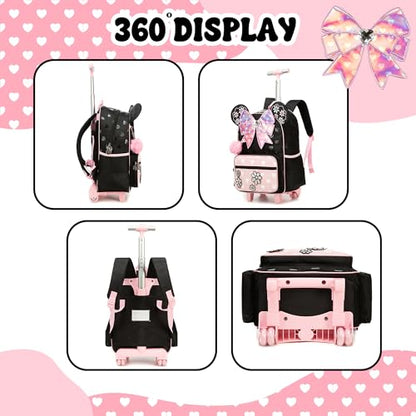 Meetbelify Backpack with Wheels for Girls Rolling Backpack Cute Carry on Backpack Kids Luggage with Lunch Box Pencil Case for Elementary Student - color: Bowknot Pink