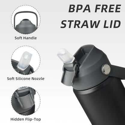 BJPKPK Insulated Water Bottle with Straw Lid, 18oz Thermo Water Bottles with Soft Nozzle, Flex Handle & Non-slip Boot, BPA Free Leak Proof Stainless Steel Metal Thermo, Tumblers, Cups,Black - color: Black, size: 18 Ounces