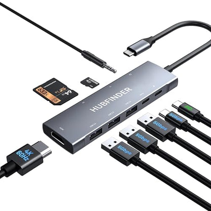 USB C Hub, HUBFINDER 9 in 1 USBC to HDMI with 4K, 100W Power Delivery, 3 USB3.0 and USB-C 5 Gbps Data Ports, SD/TF Card Reader, 3.5mm Headphone Jack, for MacBook Air, MacBook Pro,iPad Pro