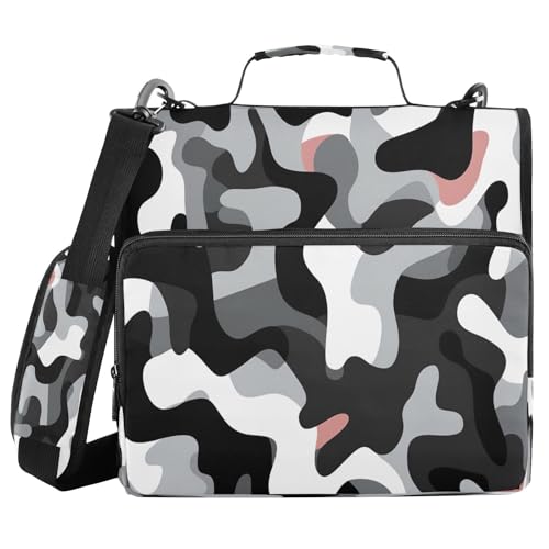 Black and White Camouflage Zipper Binder 3 Ring with Shoulder Strap and Handle Multiple Pockets Expanding File Folder Organizer