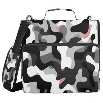 Black and White Camouflage Zipper Binder 3 Ring with Shoulder Strap and Handle Multiple Pockets Expanding File Folder Organizer
