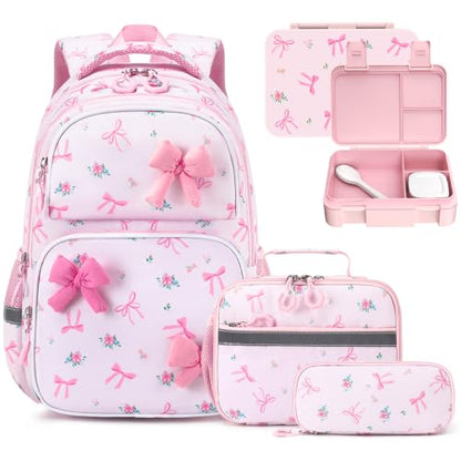 Kids Backpack for Girls 4-8, Cute 3D Soft Bow Toddler Backpack with 34oz Lunch Box, Insulated Bag, Pen Case & Utensils, School Bookbag for Preschool Kindergarten Elementary Student - color: Bow