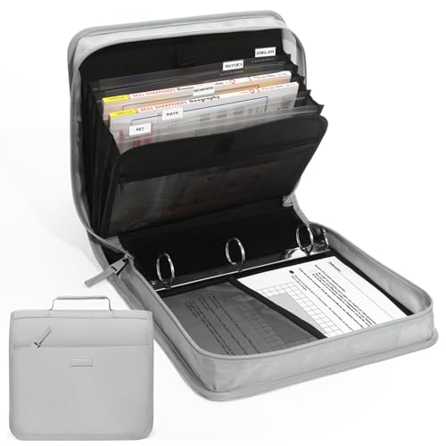 SUNEE Zipper Binder with Handle, 1.5 Inch O-Ring, 325 Pages Capacity, with 5-Tab Expanding File Folder for Classified Storage, Small Size Lightweight Zipper Bag for Middle School Students, Light Grey - color: Light Grey