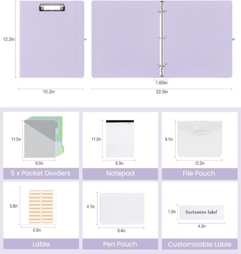 3 Ring Binder with Clipboard,1 Inch Binders with Notepad&5 Dividers with Pockets, Labels,PU Clipboards for School Office(Purple,Letter Size) - color: Purple, size: Letter Size - 1 Inch