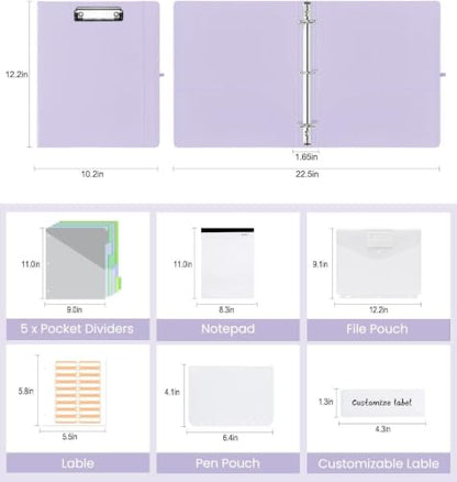 3 Ring Binder with Clipboard,1 Inch Binders with Notepad&5 Dividers with Pockets, Labels,PU Clipboards for School Office(Purple,Letter Size) - color: Purple, size: Letter Size - 1 Inch