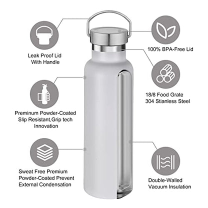 Neihepal 20 oz Insulated Water Bottles Bulk 4 Pack,Stainless Steel Double Wall Sport Bottle with Lid of Handle,Metal Reusable Thermoses Flask with Cup Cap for School,Hikers,Gift (White,Set of 4) - color: White
