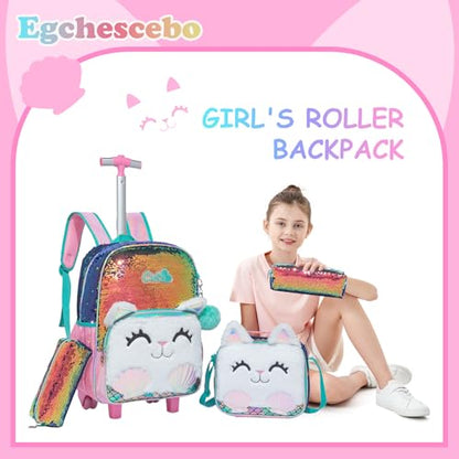 Kids Rolling Cats Backpack for Girls Plush Trolley Suitcases Luggage Travel with Wheels Bookbag Wheeled 17" Roller Backpacks Set Toddler Back Pack School Bags for Elementary Champagne - color: 5315-maomi-champagne