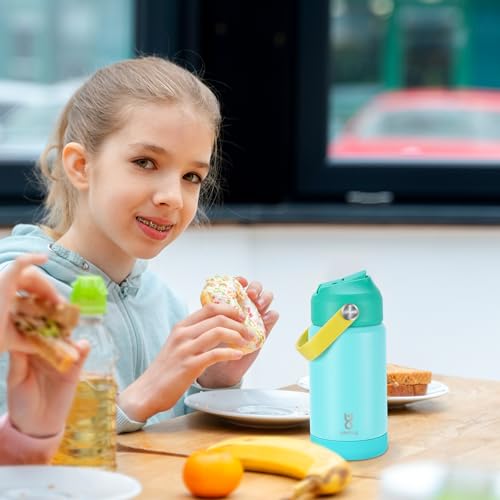 Kids Insulated Water Bottle with Straw Lid & Silicone Handle,12oz Kids Leak Proof Water Bottle for School Boys Girls,Double Wall Vacuum Stainless Steel with Non-slip Silicone Base(Lake Blue) - color: Light Blue, size: 12 Ounces