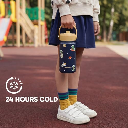 Seallama. Kids Water Bottle -14 oz Stainless Steel Tumbler with Straw Lid, Vacuum Insulated Double Wall Travel Cup, Leak-Proof Reusable Drink Bottle for School & Everyday Hydration - color: Cosmo Croc