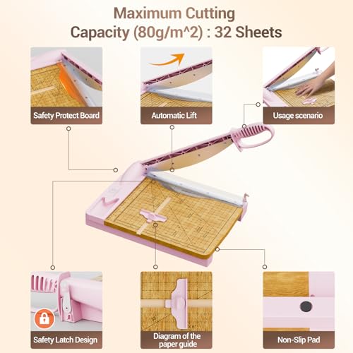 12 Inch Heavy Duty Paper Cutter, Wood Guillotine Paper Cutter & Paper Trimmer, 30 Sheets Capacity Paper Cutting Board for Classroom, Crafting, Cardstock Pink - color: Pink