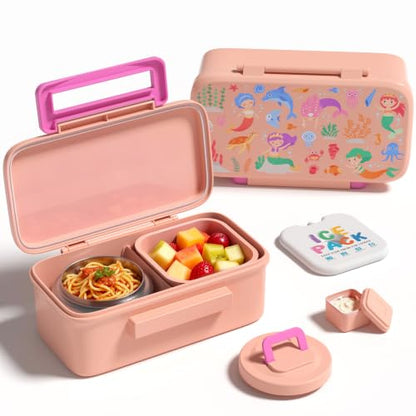 Bento Lunch Box for Kids With 8oz Food Thermo,BPA-Free for School | Lunch Container with 2 Compartments, Insulated Food Jar, Dishwasher Safe, Easy to Clean, Lunch Box for Girls Boys - color: Pink Mermaid1