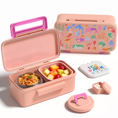 Bento Lunch Box for Kids With 8oz Food Thermo,BPA-Free for School | Lunch Container with 2 Compartments, Insulated Food Jar, Dishwasher Safe, Easy to Clean, Lunch Box for Girls Boys - color: Pink Mermaid1