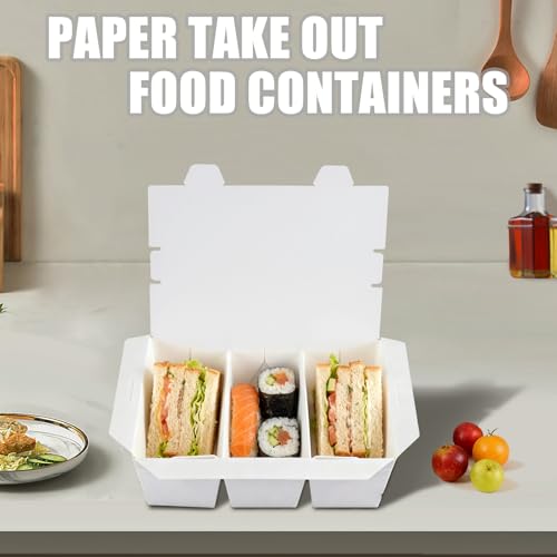 30 Pack 3 Compartment Paper Take Out Food Containers, 7.5x5.4x2.6" White Take Out Boxes, Disposable To Go Container Take Out Containers, Greaseproof Paper Bento Box Takeout Lunch Boxes with Lid - color: White-Flip Top