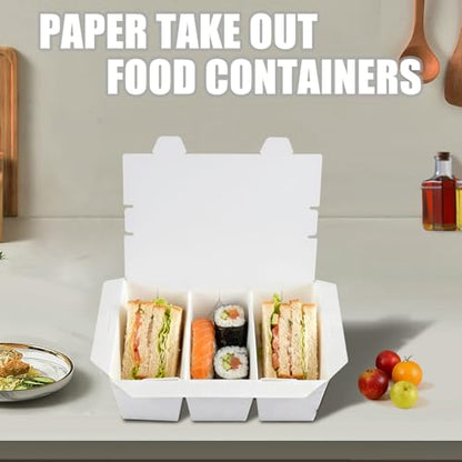 30 Pack 3 Compartment Paper Take Out Food Containers, 7.5x5.4x2.6" White Take Out Boxes, Disposable To Go Container Take Out Containers, Greaseproof Paper Bento Box Takeout Lunch Boxes with Lid - color: White-Flip Top