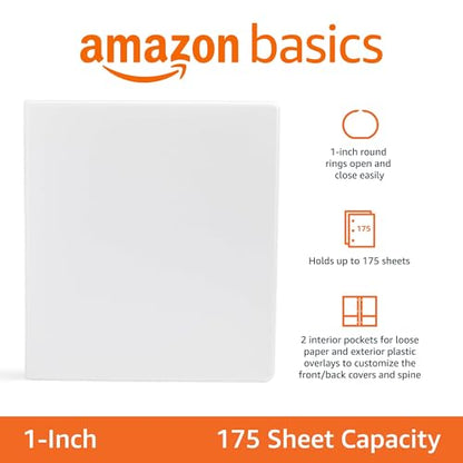 Amazon Basics 3-Ring Binder, 1-Inch, Customizable, with Pockets for Organization, White, 2-Pack - size: 2-Pack