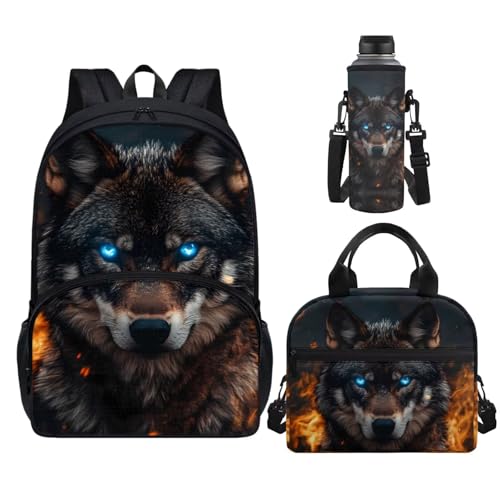 Horeset Cool Grey Wolf Kids School Backpack for Boys 3Pcs Bookbags with Water Bottle Sling Bag Lunch Tote Elementary Middle School Bags Backpack for Camping Outdoor Travel Athletic - color: Cool Grey Wolf