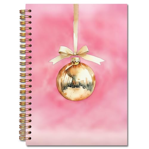 Exqcom Pink and Gold Christmas Ball Spiral Notebook Gifts, Vintage Xmas Ball Holiday Journal for Women, Pink Hardcover Notebook Journal Office School Supplies, 5.5x8.3 Inch - color: white Bible Notebook-C