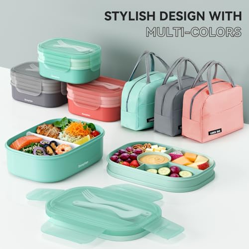 2 Layers Bento Box, All-in-One Stackable Lunch Container with Compartments, 64oz Leakproof Microwave Safe Dishwasher Safe Bento Box with Lunch Bag and Utensil Set for Kids and Adults - color: A-Green