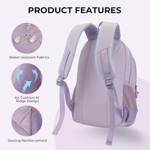 Glodwheat 3Pcs Backpack Set For Girls With Insulated Lunch Bag & Pencil Case, Lightweight Water-Resistant School Bookbag With 11 Compartments / 20L - color: Lavender