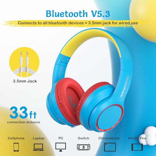 TONOSHARK Kids Bluetooth Headphones with Active Noise Cancelling, Wireless Over-Ear Headphones for Boys Girls, Foldable, Adjustable,for School Trave (Blue red) - color: blue red