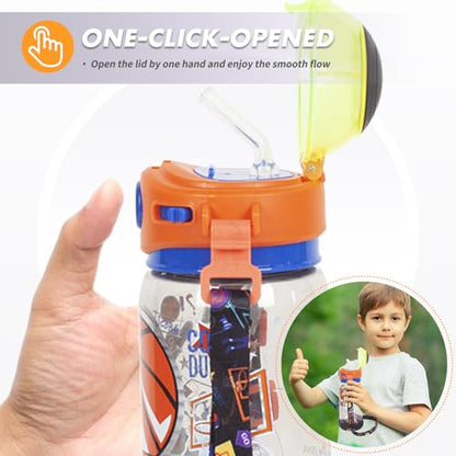 Kids Water Bottle with Straw/Lanyard for School Kids Girls Boys, 22oz BPA Free Child Drinking Water Bottle One-Click-Open Leak-Proof Locking Flip Lid for School Sport Travel - color: H12. Basketball