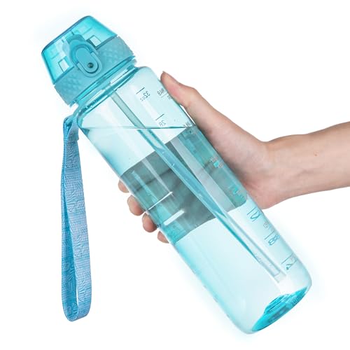 GOPPUS Clear Water Bottle With Straw 32oz Clear Sports Water Bottles Motivational with Time Marker Tritan BPA Free Clea Plastic Water Bottle Wide Mouth for Gym Travel Home School Office - color: Sky blue