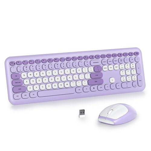 Wireless Typewriter Keyboard and Mouse Combo Retro 104 Key Full Size Office Set Purple with Silent Round Keycaps, Ideal for Laptop and Desktop PCs, Cute Design Keyboard (Purple White) - color: Purple white