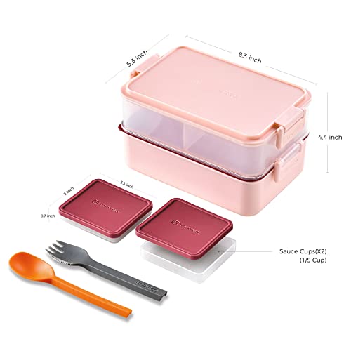 linoroso Stackable 2-Tier Adult Bento Box, 4 Compartments - Frozen Berry | leakproof bento lunch box with fork & spoon + sauce cups, microwave/dishwasher safe, perfect for office, school & daily meals - color: Frozen Berry