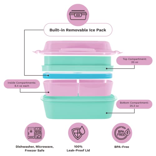 Ultimate Bento Box - Lunch Box for Kids & Adults with Removable Ice Pack - Leakproof, Multi-Compartment Food Container with Removable Containers - Microwave & Dishwasher Safe (Pink, Green, Pink) - color: Pink, Green, Pink