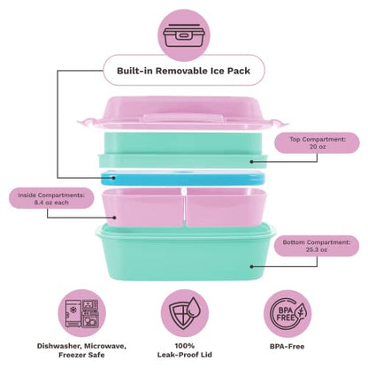Ultimate Bento Box - Lunch Box for Kids & Adults with Removable Ice Pack - Leakproof, Multi-Compartment Food Container with Removable Containers - Microwave & Dishwasher Safe (Pink, Green, Pink) - color: Pink, Green, Pink