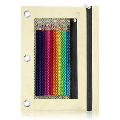 Pencil Pouch for 3 Ring Binder - 3 Hole Zipper Pen Case Bag Holder Bulk Accessories Clear Window Aesthetic Organizer Pockets - color: Beige