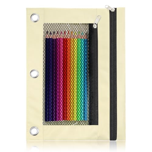 Pencil Pouch for 3 Ring Binder - 3 Hole Zipper Pen Case Bag Holder Bulk Accessories Clear Window Aesthetic Organizer Pockets - color: Beige