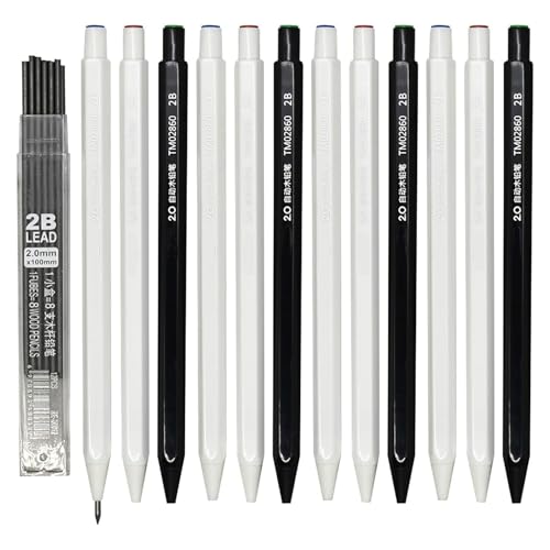 12-Pack Hexagonal Mechanical Pencils 2.0mm, 2B Lead Grade, with Built-in Sharpener (Black & White Mix) + 10 Extra Refill Leads