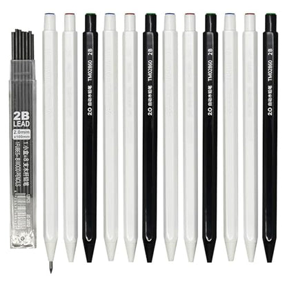 12-Pack Hexagonal Mechanical Pencils 2.0mm, 2B Lead Grade, with Built-in Sharpener (Black & White Mix) + 10 Extra Refill Leads