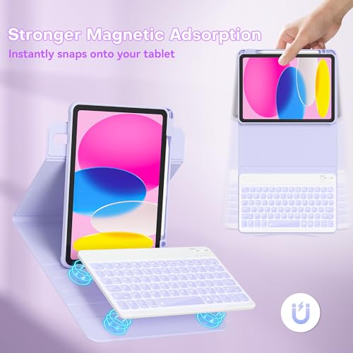 YBING Keyboard Case for iPad 10th Gen 10.9 inch(2022) & 11th Gen(A16, 2025), 7-Color Backlit Detachable Keypad & Rotatable Magnetic Case with Pencil Holder (Purple) - color: Purple