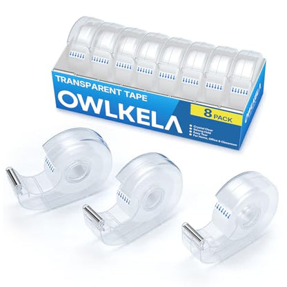 OWLKELA 8 Pack Clear Tapes and Refillable Dispensers, 0.7" x 28 yds per roll, Transparent Tape Refills, Office Tape with Dispenser for Home, School, 1 inch White core - size: 8 Pcs